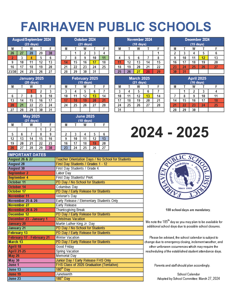 2024-25 Fairhaven Public Schools Calendar